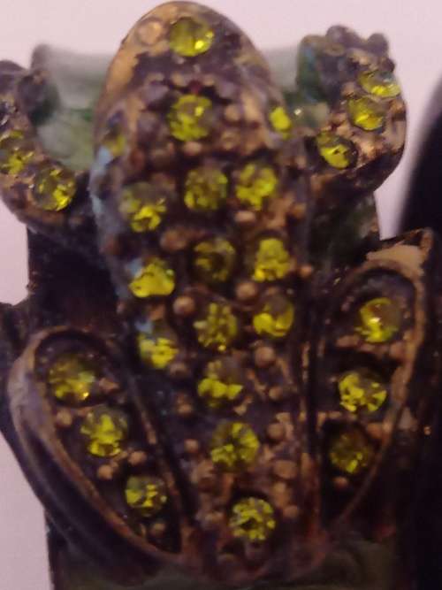 A PAIR OF ENAMEL NAPKIN RINGS MODELLED WITH A FROG ENCRUSTED WITH GREEN CRYSTALS