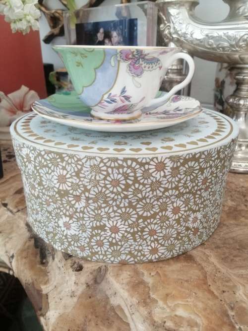 A BOXED WEDGEWOOD`THE TEA STORY COLLECTION` NEVER USED CUP AND SAUCER