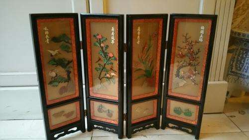 FOR SUSAN ONLY A Four-Panel Chinese Laquered Table-Top Screen with Semi Precious stones