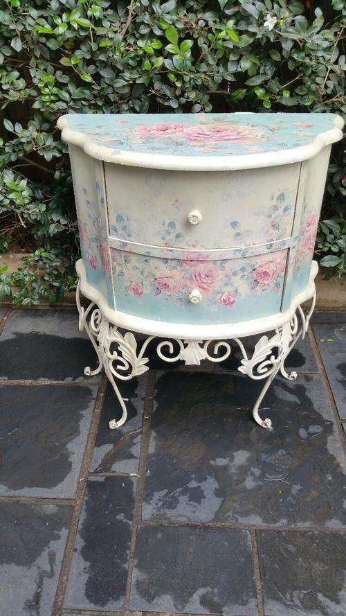 A Metal Legged Two Drawer Wooden Pedestal decorated with Roses