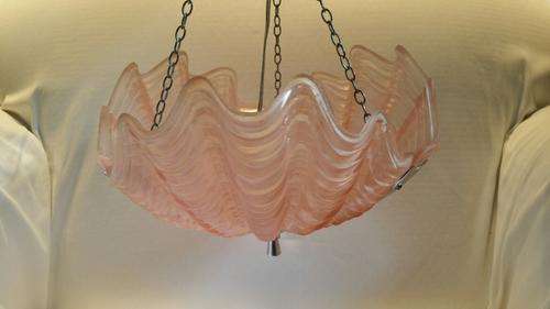 A Pink Art Deco Odeon Shell Hanging Lamp with Chrome Detail
