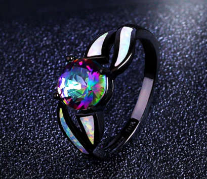 STUNNING SIZE 6 BLACK OPAL RING WITH A BEAUTIFUL 1CT CZ STONE