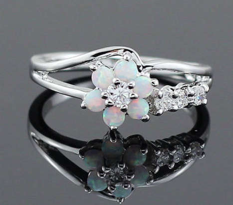 BEAUTIFUL 2Ct Fire Opal 925 Silver Flower Ring Size 8