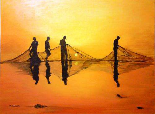 "Treknetters at dusk, Melkbosstrand" Original Oil by Dirk Rossouw