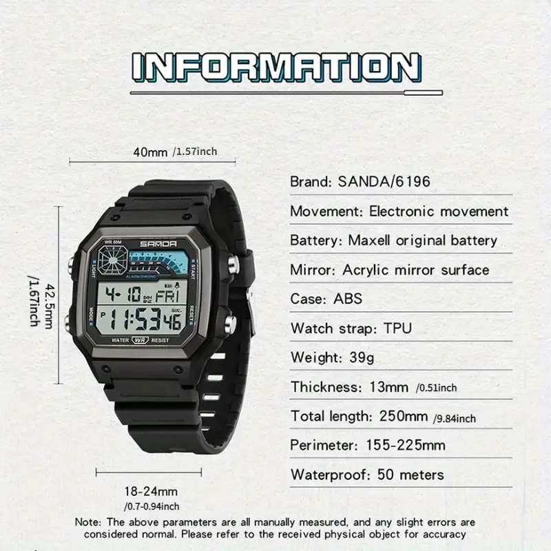 SANDA Waterproof Sports Square Electronic Watch