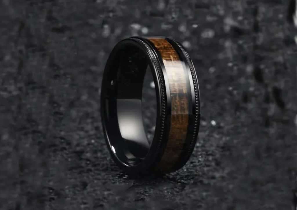 Men`s Wood Textured Stainless Steel Ring