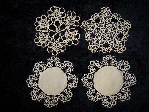 Four BeigeTatting/Bobbin Lace Doilies,  Three x 14 cm Diameter, One x 14,5 cm Diameter