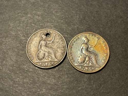 Set of 2 early 1800`s British 1/4 penny coins - 1834 and 1840