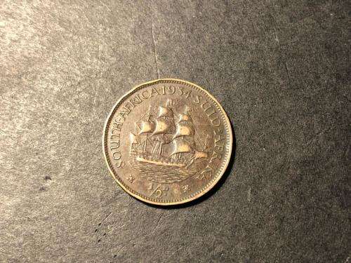 1934 South African Bronze 1/2 penny coin
