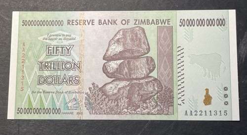 Zimbabwe 50 trillion dollar banknote - probably UNC - I cannot find any folds, creases or pin-holes.