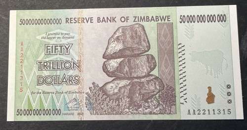 Zimbabwe 50 trillion dollar banknote - probably UNC - I cannot find any folds, creases or pin-holes.