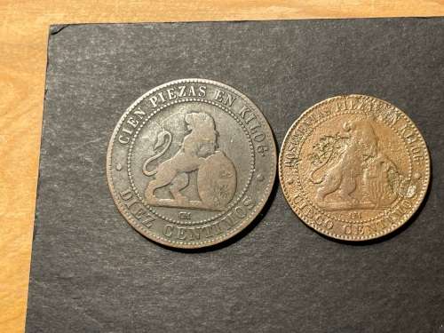 Set of 2 1870 Spain 10 & 5 Centimos coins