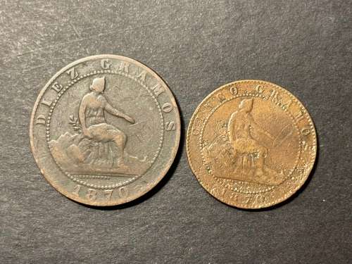 Set of 2 1870 Spain 10 & 5 Centimos coins