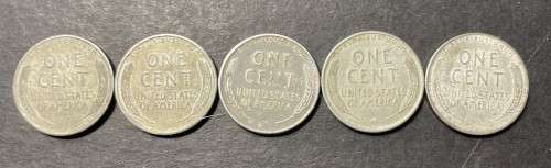1943 USA steel `Wheat penny` 1 cent coins  - 5 available