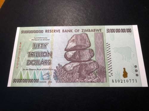 Gem Crisp UNC Zimbabwe 50 Trillion dollar banknote - 1 Available - $50,000,000,000,000