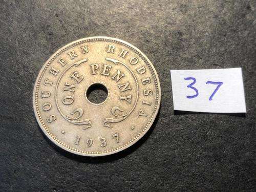 1937 Holed Rhodesian 1 penny coin - King George VI