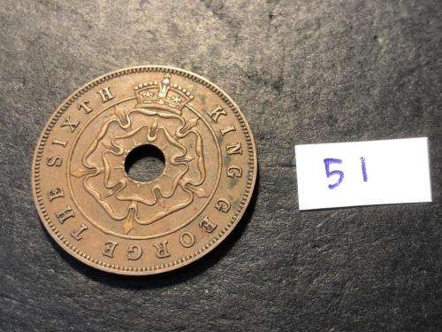 1951 Holed Rhodesian 1 penny coin - King George VI