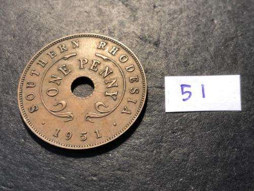 1951 Holed Rhodesian 1 penny coin - King George VI