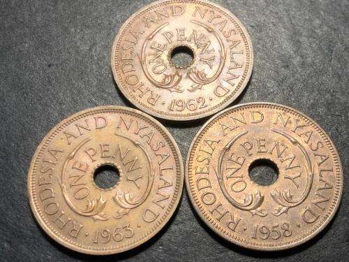 Set of 3 Very high grade Rhodesian 1 penny coins - 1958, 1962, 1963