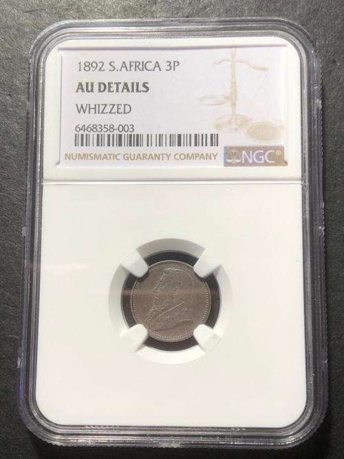 1892 ZAR silver 3 pence (tickey) coin NGC graded AU details Whizzed