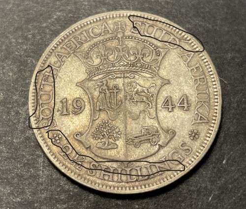 ERROR 1944 SA silver 2 ½ shillings - Scarce - multiple cracked die errors