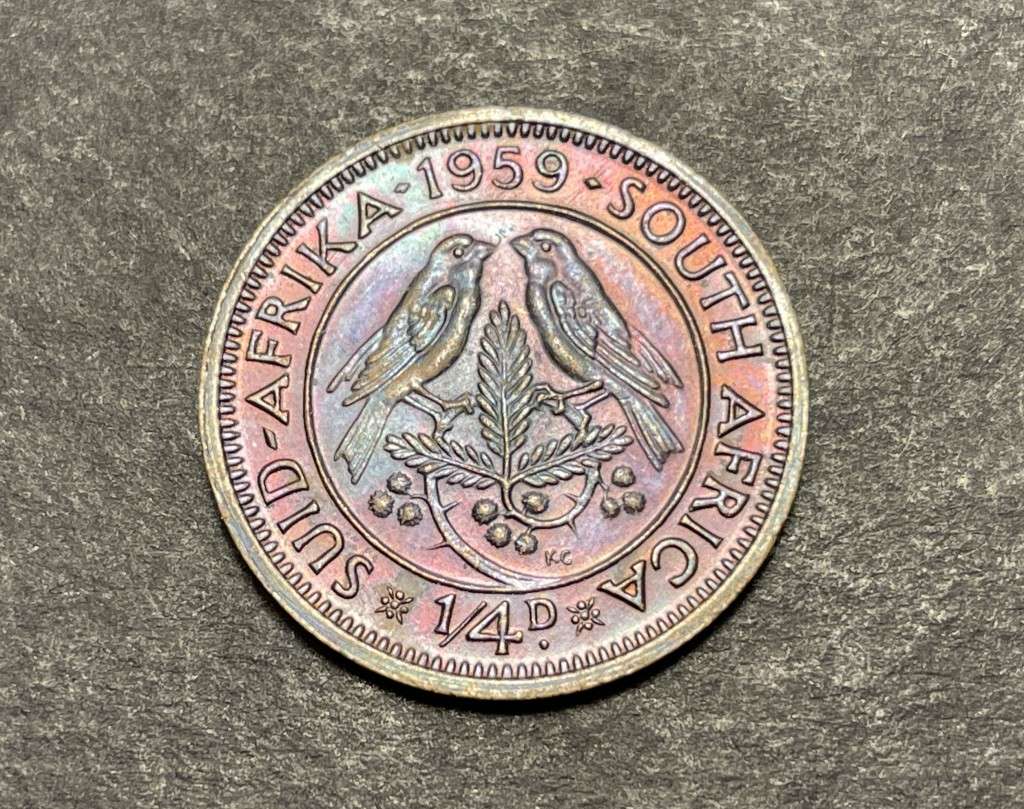 Excellent 1959 SA Union 1/4 penny coin - Beautiful purple toning