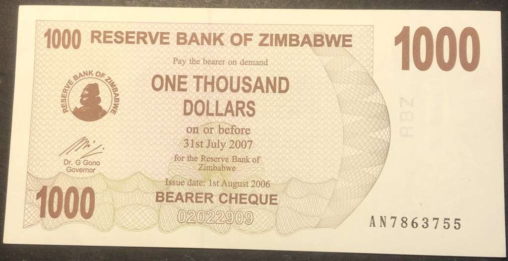 Crisp a/UNC Zimbabwe 1,000 dollar banknote ($1,000) - 2008 Hyperinflation
