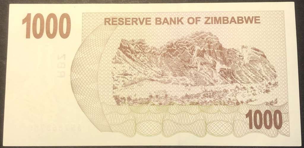Crisp a/UNC Zimbabwe 1,000 dollar banknote ($1,000) - 2008 Hyperinflation