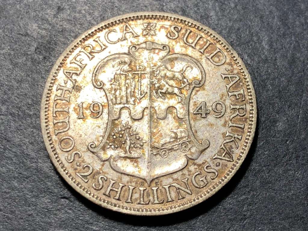 Scarcer 1949 Union of South Africa 2 shilling (florin) silver coin