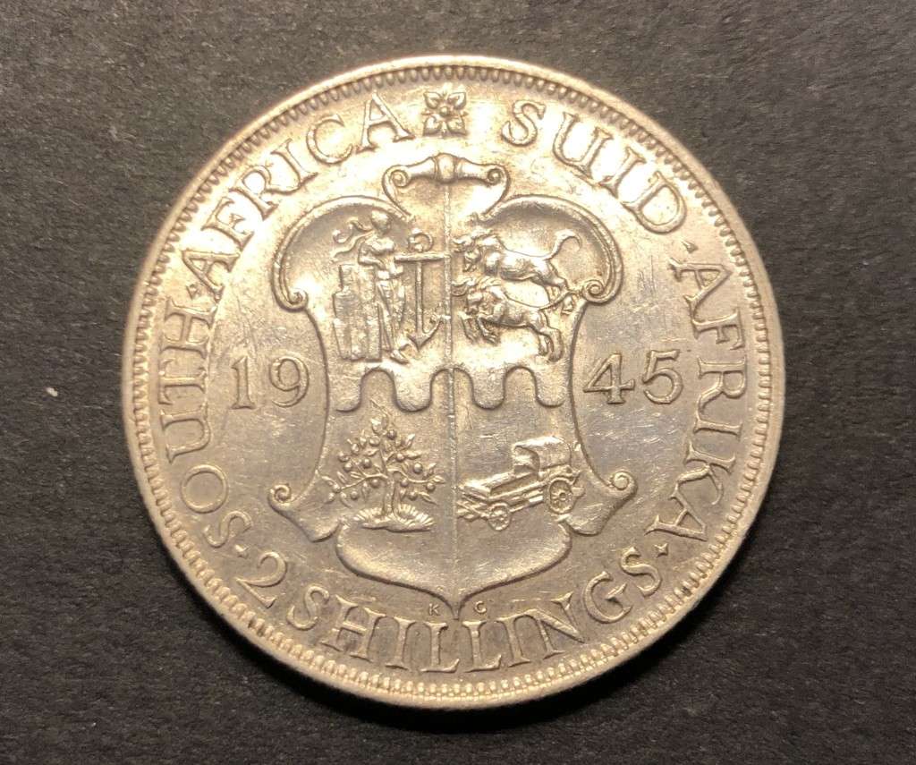 Brilliant AU+ 1945 SA Union Silver 2 Shilling coin - High Catalogue Value - Lot 1 of 2