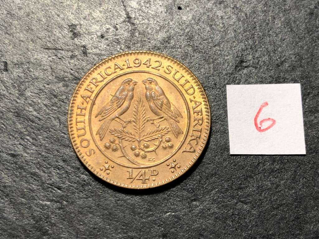 Excellent AU+/UNC 1942 Bronze 1/4 penny coin - Red colour variety - Lot 6 of 6