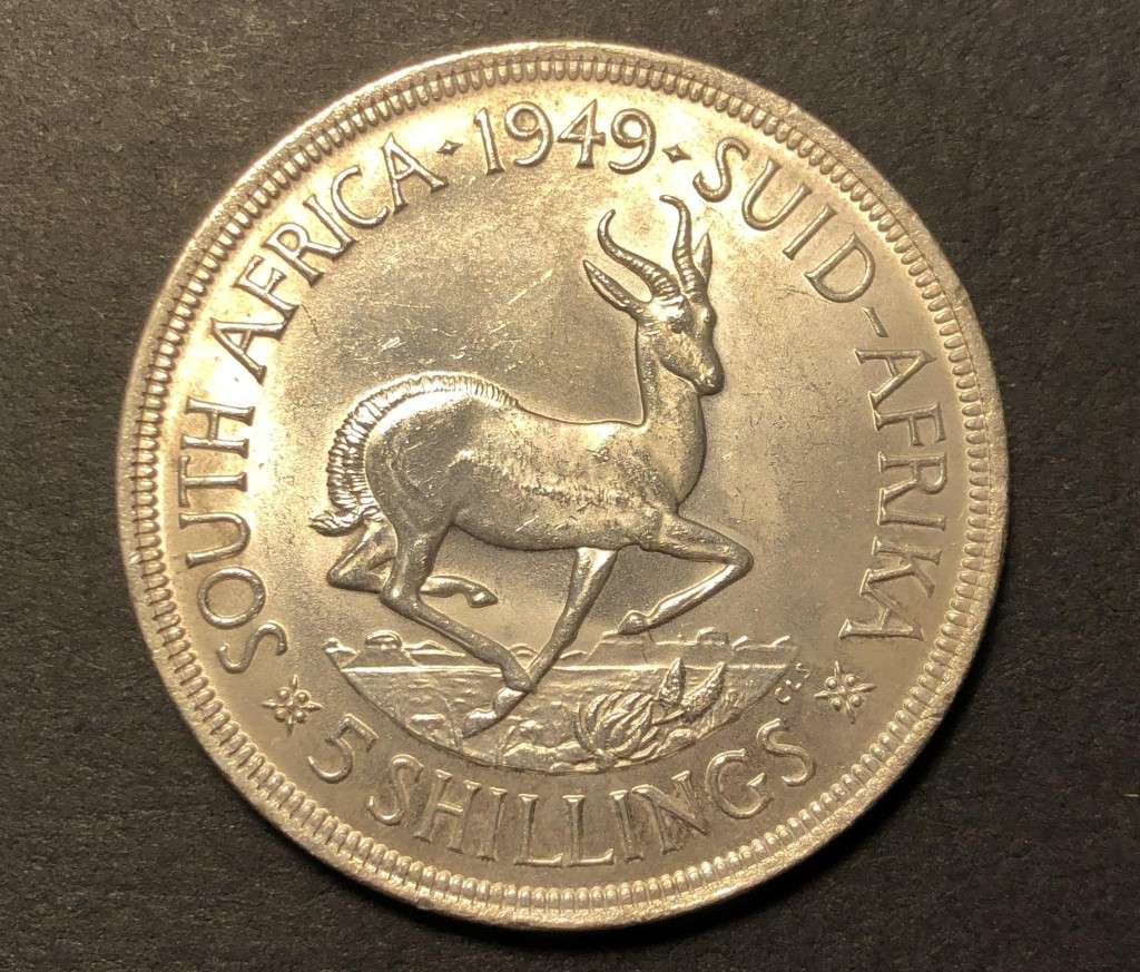 Very nice UNC 1949 SA Union silver 5 shillings (crown) coin - 80% Silver