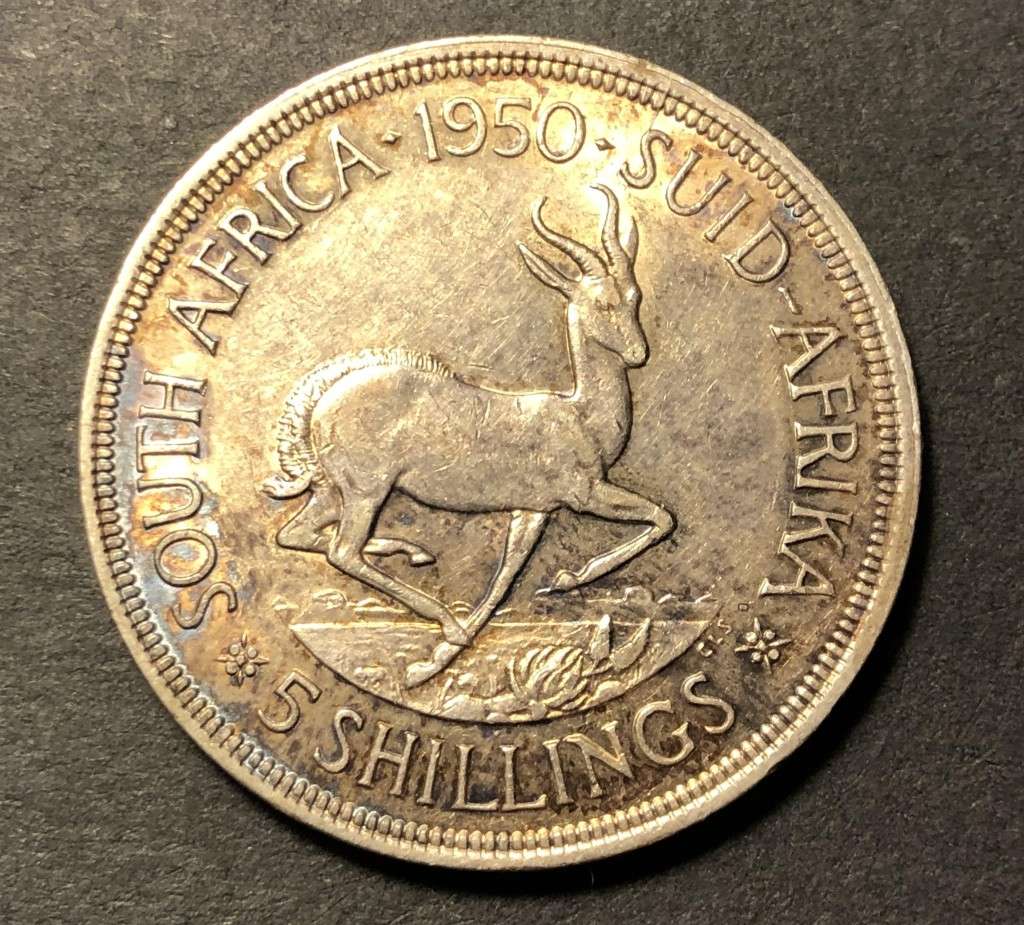 Very nicely toned 1950 SA Union silver 5 shillings (crown) coin - Scarce Date - 80% Silver