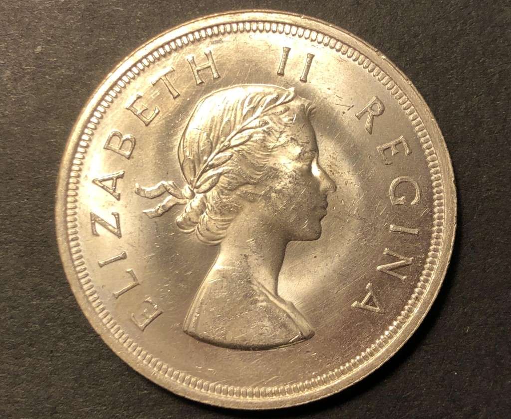 Very nice UNC 1956 SA Union silver 5 shillings (crown) coin - Only 103,900 Minted