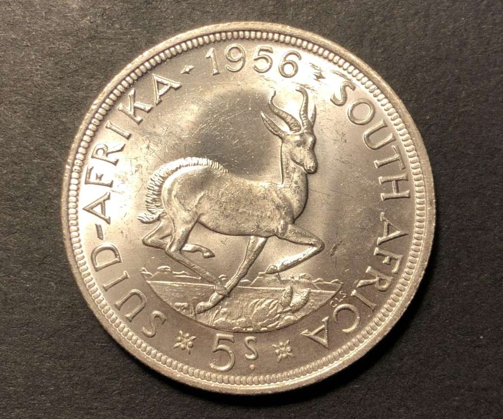 Very nice UNC 1956 SA Union silver 5 shillings (crown) coin - Only 103,900 Minted