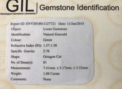 1.08ct GIL CERTIFIED OCTAGON SHAPE NATURAL EMERALD GEMSTONE