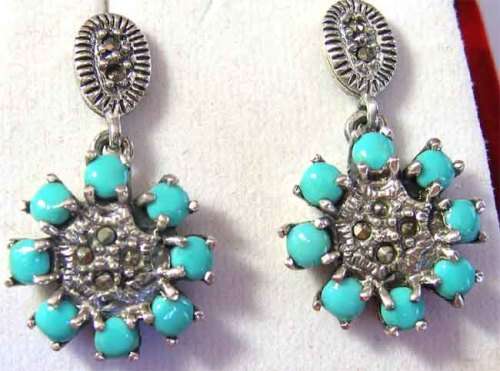 Sterling Silver Marcasite and Genuine Turquoise Earrings.