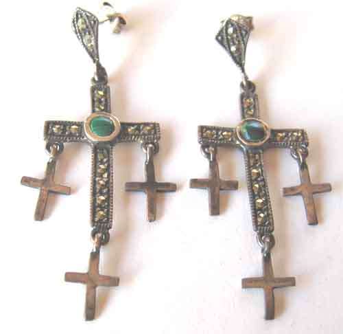 925 Sterling Silver Marcasite and Green Agate Earrings