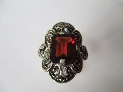 925 Sterling Silver , Garnet  and Marcasite Ring