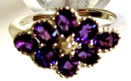 925 Sterling Silver Genuine Amethysts and Pearl Ring