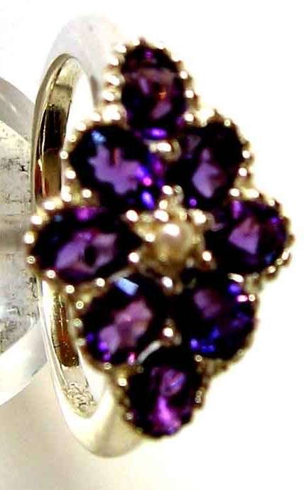 925 Sterling Silver Genuine Amethysts and Pearl Ring