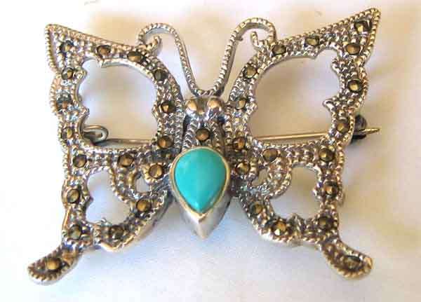 Solid -Sterling Silver , Marcasite and Turquoise Brooch