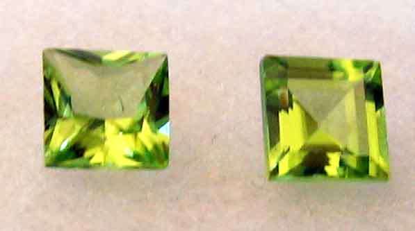 2pieces of 6.00 x 6.00 mm Princess cut Peridot , T, W 2.19 cts price/ piece