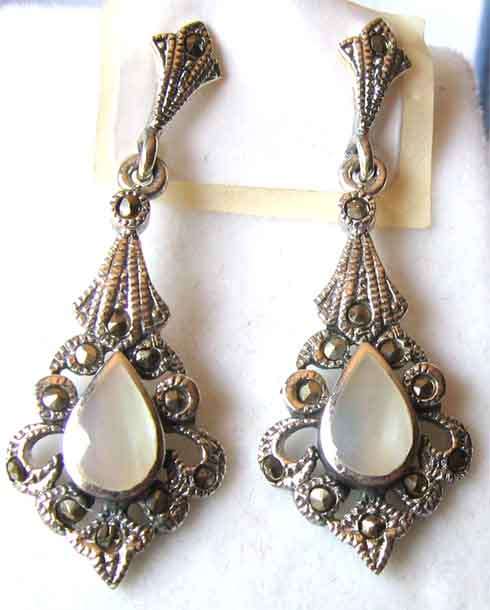 Sterling Silver, Marcasite  and Mother of Pearl -  Earrings .