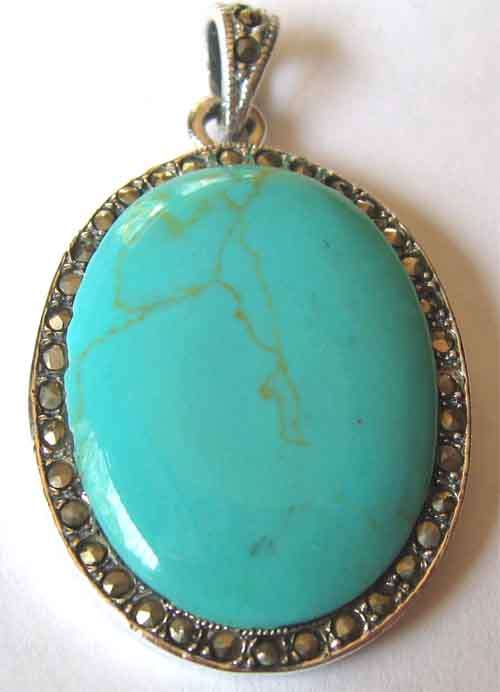 925 Sterling Silver, Marcasite  and Genuine Turquoise - Pendant
