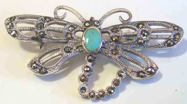 925 Sterling Silver, Marcasite  and  Turquoise -`` Dragonfly ``  Brooch .