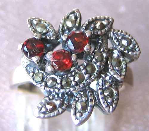 Solid 925 -Sterling Silver , Garnets and Marcasite   Ring.