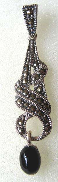 Lovely Sterling Silver , Marcasite and Onyx drop Pendant