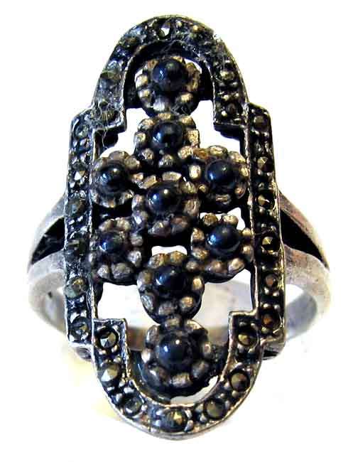Unusual Sterling Silver, Marcasite and Hematite Ring