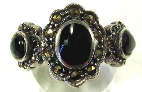 Sterling Silver , Marcasite and Black Onyx Ring.